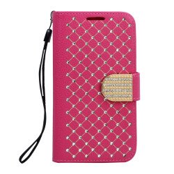 Samsung Galaxy S6 Star Diamond Flip Leather Wallet Case with Strap (Hot Pink)